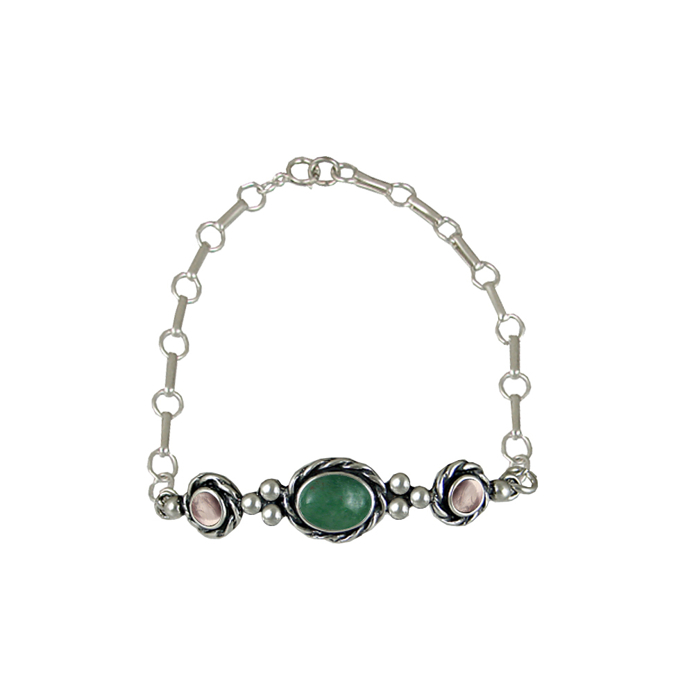 Sterling Silver Gemstone Adjustable Chain Bracelet With Jade And Rose Quartz
